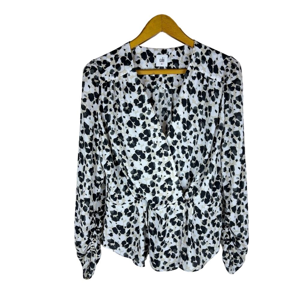 CAbi Blouse Peplum Rosette Leopard Animal Print Ruched Sleeve Wrap Sz M 5898